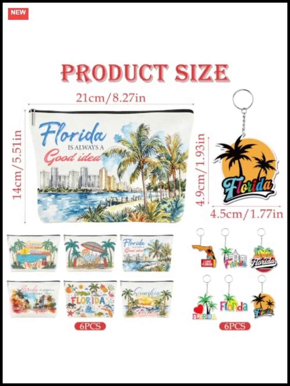 12 Pc Florida Travel Cosmetic Bag Set with Keychains Linen Zipper Pouch